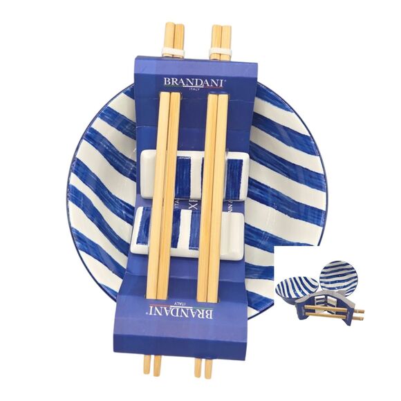 Brandani Italy Sushi Experience 8pc Porcelain Ramen Noodle Bowl Set Blue Striped - Picture 13 of 13